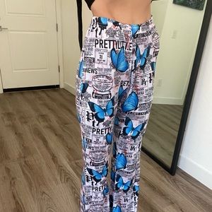 Blue and white butterfly bell bottom stretchy pants